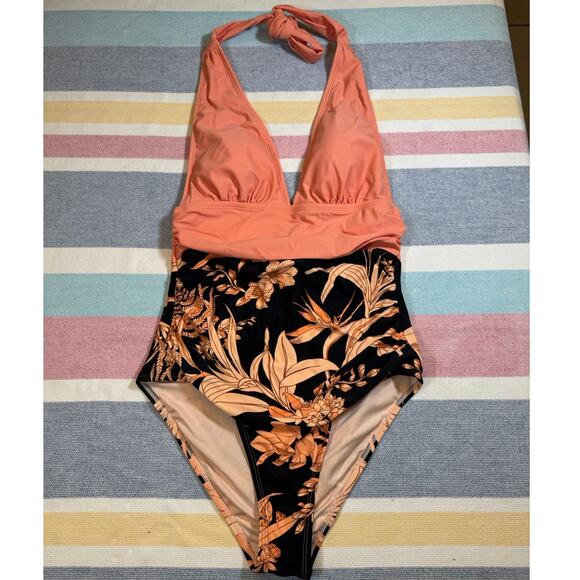NWOT Tropical Coral + Black Floral One-Piece Swimsuit (Size S) - Picture 1 of 7